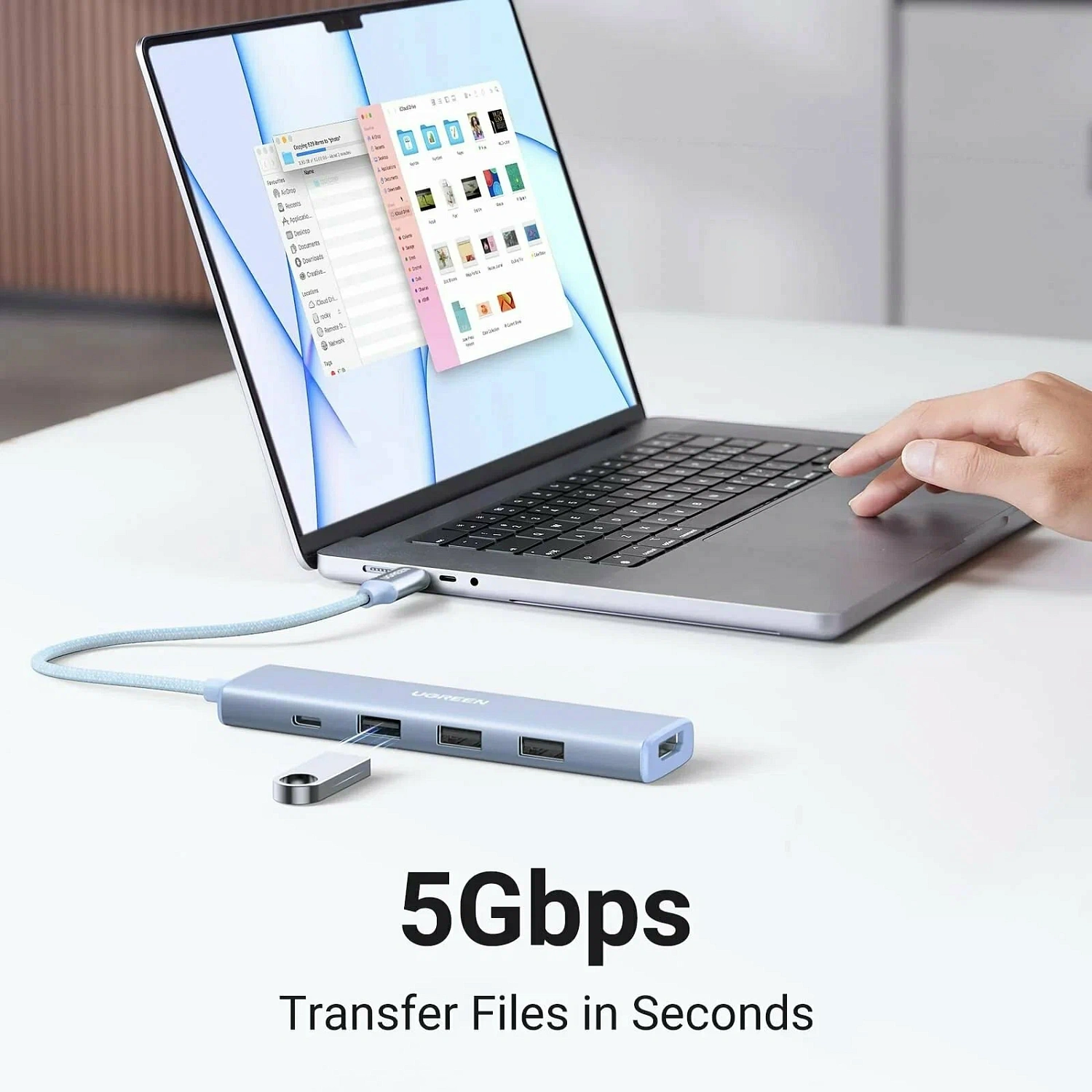 35581 Разветвитель портов Ugreen CM478 USB-C 3*USB 3.0 HDMI 4K@30Hz+PD Power Цвет: синий